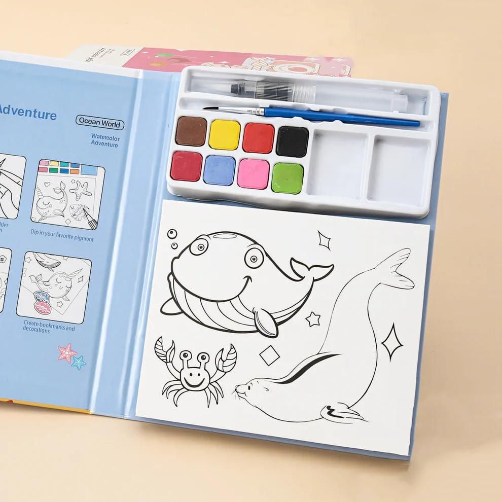 Coloring Activity With Watercolors And Brushes, Portable & Educational, Ideal For Kids, Gifting